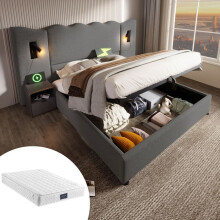 Cama doble tapizada 160x200 con cofre + colchón incluido, cabecero de lino gris, lámpara de lectura 360 con USB-C, somier de lamas.