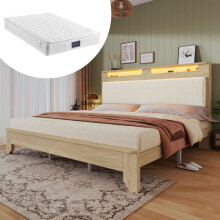 Cama - 160 x 200 cm - LED integrada - Cabecera de terciopelo acanalado beige - Colchón de 25 cm incluido