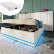 Cama con cabecero acolchado 160x200 cm blanca – LED panorámico, USB-C, somier de lamas, colchón de 25 cm incluido