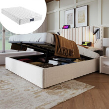 Cama tapizada - Vintage con tachuelas - Cabecero ajustable - Colchón 160x200 H3 25cm - USB y lámpara de lectura