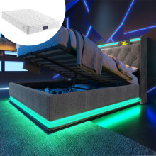 Cama con canapé tapizado 160 x 200 cm gris con colchón de 25 cm, cabecero LED y puerto USB-C, somier de lamas.