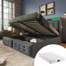 Cama litera tapizada 160x200 gris — cabecera LED, puerto USB-C, somier de lamas, colchón incluido