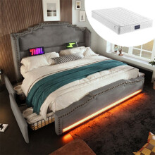 Cama tapizada 160x200 de terciopelo gris, 4 cajones, LED integrada, puertos USB/USB‑C, somier de lamas, colchón incluido.