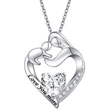 (Love You More) Flyow 925 Sterling Silver Mother and Child Heart Lab Opal Pendant Necklace Adjustable 18+2 Inch Jewelry Gift for Mom Women