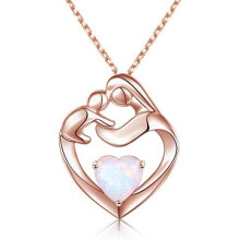 (Rose) Flyow 925 Sterling Silver Mother and Child Heart Lab Opal Pendant Necklace Adjustable 18+2 Inch Jewelry Gift for Mom Women