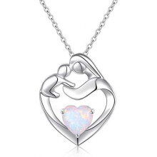 (White) Flyow 925 Sterling Silver Mother and Child Heart Lab Opal Pendant Necklace Adjustable 18+2 Inch Jewelry Gift for Mom Women