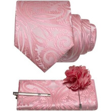 (Rosa) JEMYGINS Men's Paisley Baroque Pattern Tie Set Polyester Elegant Pocket Square Tie Clip Lapel Flower for Wedding Business Multicolor