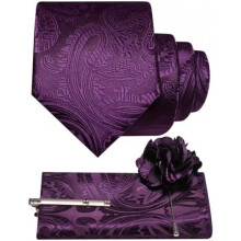 (Violett) JEMYGINS Men's Paisley Baroque Pattern Tie Set Polyester Elegant Pocket Square Tie Clip Lapel Flower for Wedding Business Multicolor