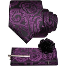 (Dunkelviolett) JEMYGINS Men's Paisley Baroque Pattern Tie Set Polyester Elegant Pocket Square Tie Clip Lapel Flower for Wedding Business Multicolor