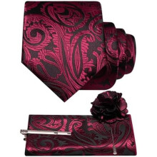 (Dunkelweinrot) JEMYGINS Men's Paisley Baroque Pattern Tie Set Polyester Elegant Pocket Square Tie Clip Lapel Flower for Wedding Business Multicolor