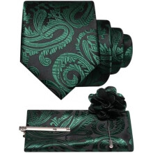 (Dunkelgrün) JEMYGINS Men's Paisley Baroque Pattern Tie Set Polyester Elegant Pocket Square Tie Clip Lapel Flower for Wedding Business Multicolor