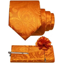 (Orange) JEMYGINS Men's Paisley Baroque Pattern Tie Set Polyester Elegant Pocket Square Tie Clip Lapel Flower for Wedding Business Multicolor
