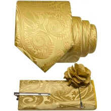 (Goldgelb) JEMYGINS Men's Paisley Baroque Pattern Tie Set Polyester Elegant Pocket Square Tie Clip Lapel Flower for Wedding Business Multicolor