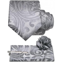 (Grau) JEMYGINS Men's Paisley Baroque Pattern Tie Set Polyester Elegant Pocket Square Tie Clip Lapel Flower for Wedding Business Multicolor