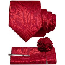 (Rot) JEMYGINS Men's Paisley Baroque Pattern Tie Set Polyester Elegant Pocket Square Tie Clip Lapel Flower for Wedding Business Multicolor