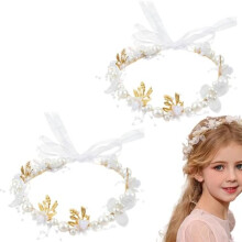 Weploda 2 Pack Flower Crown Headband for Kids, White Pearl Hair Hoop with Ribbon, Princess Floral Wreath for Wedding Birthday Party