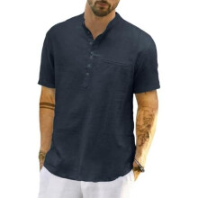 (XL, Marine) LVCBL Men's Linen Shirt Short Sleeve Henley Beach Tops Lightweight Summer Banded Collar M-3XL