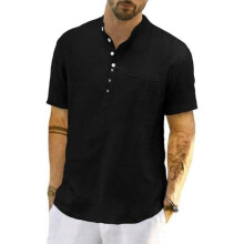 (L, Schwarz) LVCBL Men's Linen Shirt Short Sleeve Henley Beach Tops Lightweight Summer Banded Collar M-3XL