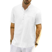 (XXL, Weiß) LVCBL Men's Linen Shirt Short Sleeve Henley Beach Tops Lightweight Summer Banded Collar M-3XL