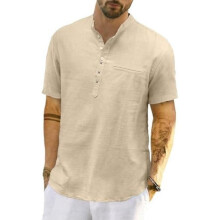 (XXL, Khaki) LVCBL Men's Linen Shirt Short Sleeve Henley Beach Tops Lightweight Summer Banded Collar M-3XL