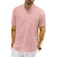 (XL, Rosa) LVCBL Men's Linen Shirt Short Sleeve Henley Beach Tops Lightweight Summer Banded Collar M-3XL