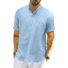 (XXL, Blau) LVCBL Men's Linen Shirt Short Sleeve Henley Beach Tops Lightweight Summer Banded Collar M-3XL