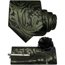 (Olivgrün) JEMYGINS Men's Paisley Baroque Pattern Tie Set Polyester Elegant Pocket Square Tie Clip Lapel Flower for Wedding Business Multicolor