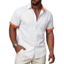 (Weiß Orange, 3XL) Ailisus Men's Linen Short Sleeve Shirt Regular Fit Contrast Business Casual with Pocket Summer