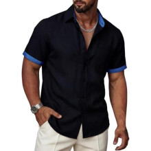 (Schwarz Blau, 3XL) Ailisus Men's Linen Short Sleeve Shirt Regular Fit Contrast Business Casual with Pocket Summer