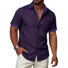 (Lila, M) Ailisus Men's Linen Short Sleeve Shirt Regular Fit Contrast Business Casual with Pocket Summer