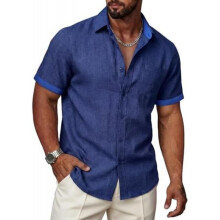 (Blau, S) Ailisus Men's Linen Short Sleeve Shirt Regular Fit Contrast Business Casual with Pocket Summer