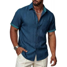 (Blaugrün, M) Ailisus Men's Linen Short Sleeve Shirt Regular Fit Contrast Business Casual with Pocket Summer