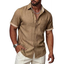 (Khaki, M) Ailisus Men's Linen Short Sleeve Shirt Regular Fit Contrast Business Casual with Pocket Summer