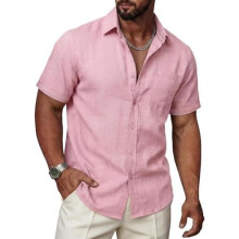 (Rosa, 3XL) Ailisus Men's Linen Short Sleeve Shirt Regular Fit Contrast Business Casual with Pocket Summer
