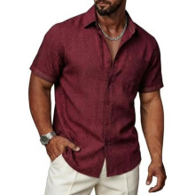 (Dunkelrot, L) Ailisus Men's Linen Short Sleeve Shirt Regular Fit Contrast Business Casual with Pocket Summer