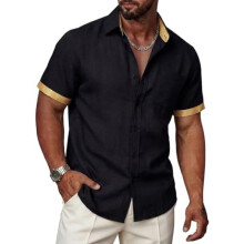(Schwarz Gold, XXL) Ailisus Men's Linen Short Sleeve Shirt Regular Fit Contrast Business Casual with Pocket Summer