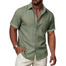 (Salbei Grün, L) Ailisus Men's Linen Short Sleeve Shirt Regular Fit Contrast Business Casual with Pocket Summer