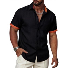 (Schwarz Orange, M) Ailisus Men's Linen Short Sleeve Shirt Regular Fit Contrast Business Casual with Pocket Summer