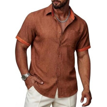 (Rostfarbe, XL) Ailisus Men's Linen Short Sleeve Shirt Regular Fit Contrast Business Casual with Pocket Summer