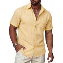 (Hellgelbe, L) Ailisus Men's Linen Short Sleeve Shirt Regular Fit Contrast Business Casual with Pocket Summer