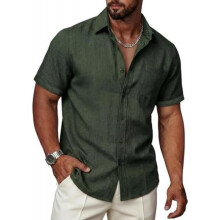 (Olivgrün, M) Ailisus Men's Linen Short Sleeve Shirt Regular Fit Contrast Business Casual with Pocket Summer