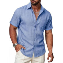(Hellblau, XXL) Ailisus Men's Linen Short Sleeve Shirt Regular Fit Contrast Business Casual with Pocket Summer