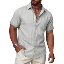 (Grau, XL) Ailisus Men's Linen Short Sleeve Shirt Regular Fit Contrast Business Casual with Pocket Summer