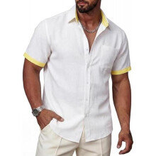 (Weiß Gelb, L) Ailisus Men's Linen Short Sleeve Shirt Regular Fit Contrast Business Casual with Pocket Summer