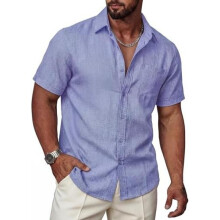 (Flieder, XL) Ailisus Men's Linen Short Sleeve Shirt Regular Fit Contrast Business Casual with Pocket Summer