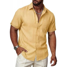 (Gelb, M) Ailisus Men's Linen Short Sleeve Shirt Regular Fit Contrast Business Casual with Pocket Summer