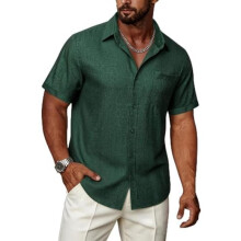 (Grün, 3XL) Ailisus Men's Linen Short Sleeve Shirt Regular Fit Contrast Business Casual with Pocket Summer