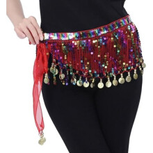 (Rot) Bailinks Belly Dance Hip Scarf Chiffon Coin Wrap Skirt for Women Yoga Performance