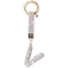 (Silber-v) ZVRSUA Letter Rhinestone Keychain for Women Girls, Bling Keyring Bag Charm, Silver Initial Key Chain Purse Backpack Charm