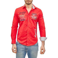 (M, Rot) Men's Embroidered Long Sleeve Shirt Modern Slim Fit Striped Kent Collar Smart Casual - Subliminal Mode BX508